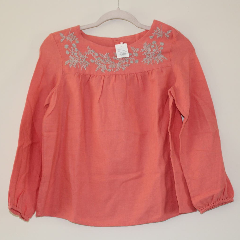 NWT Bonpoint Girls‎ Dora Coral Blouse Gray Floral Embroidery Long Sleeve 12
